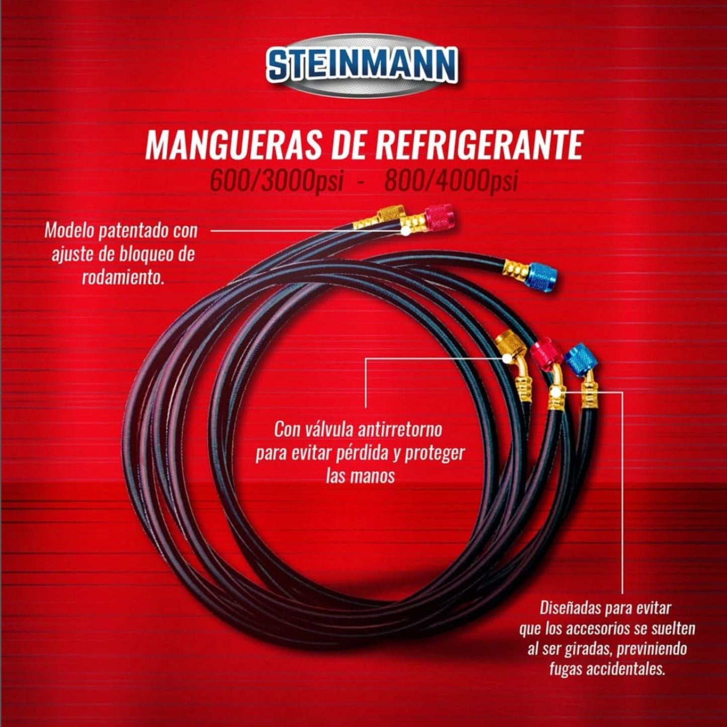 Mangueras para Manómetros 23336, Punta 45° 1/4”, 600/3000 PSI, 180 cm, Sin Fugas