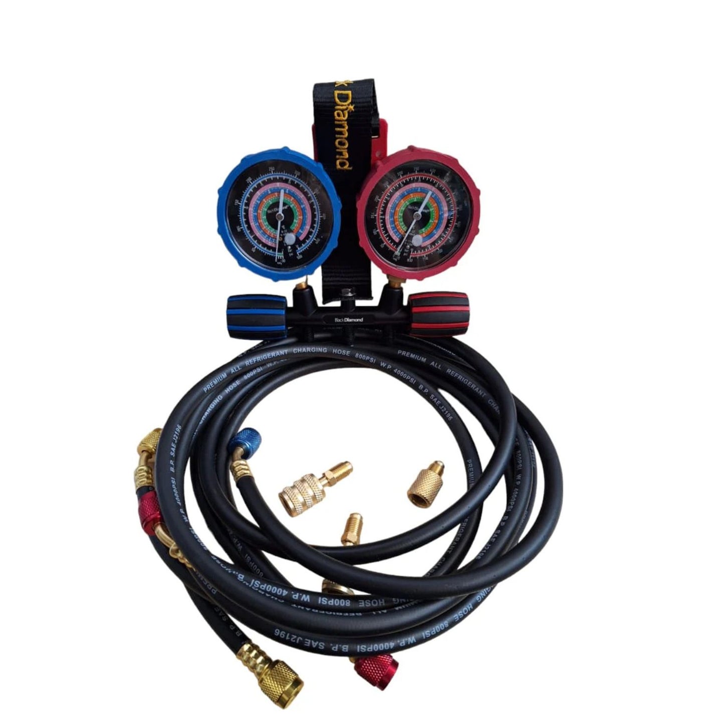 Manómetros Alta/Baja 27856 R22/R134A/R404/R410A, Mangueras (800/4000PSI) y Adaptadores 5/16